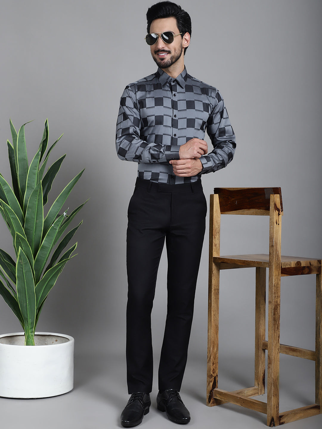 Indian Needle Men's Printed Formal Shirt - Grey | Grocsy