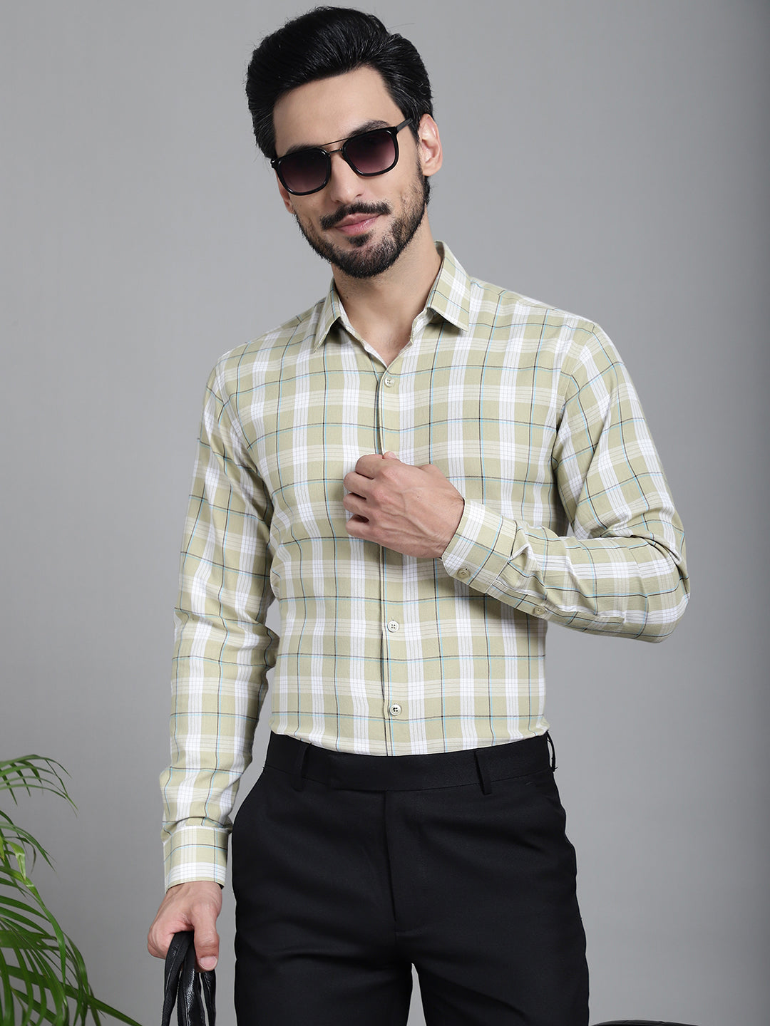 Indian Needle Men's Checked Formal Shirt - Beige | Grocsy