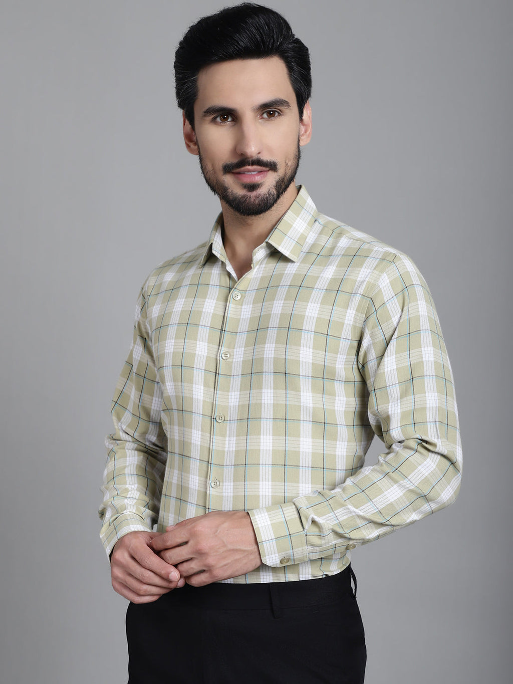 Indian Needle Men's Checked Formal Shirt - Beige | Grocsy