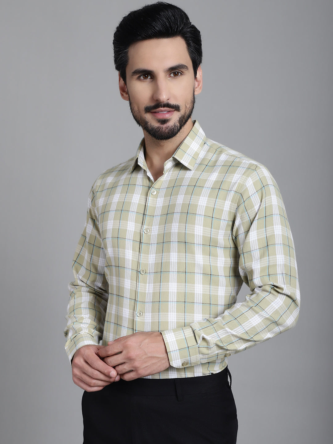 Indian Needle Men's Checked Formal Shirt - Beige | Grocsy