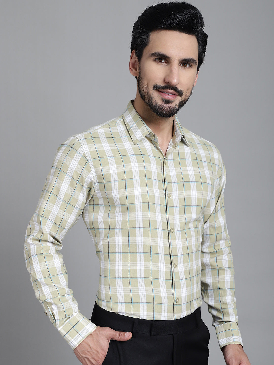 Indian Needle Men's Checked Formal Shirt - Beige | Grocsy