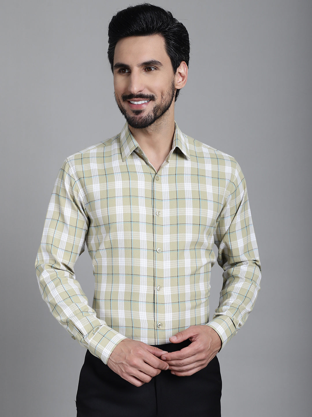 Indian Needle Men's Checked Formal Shirt - Beige | Grocsy