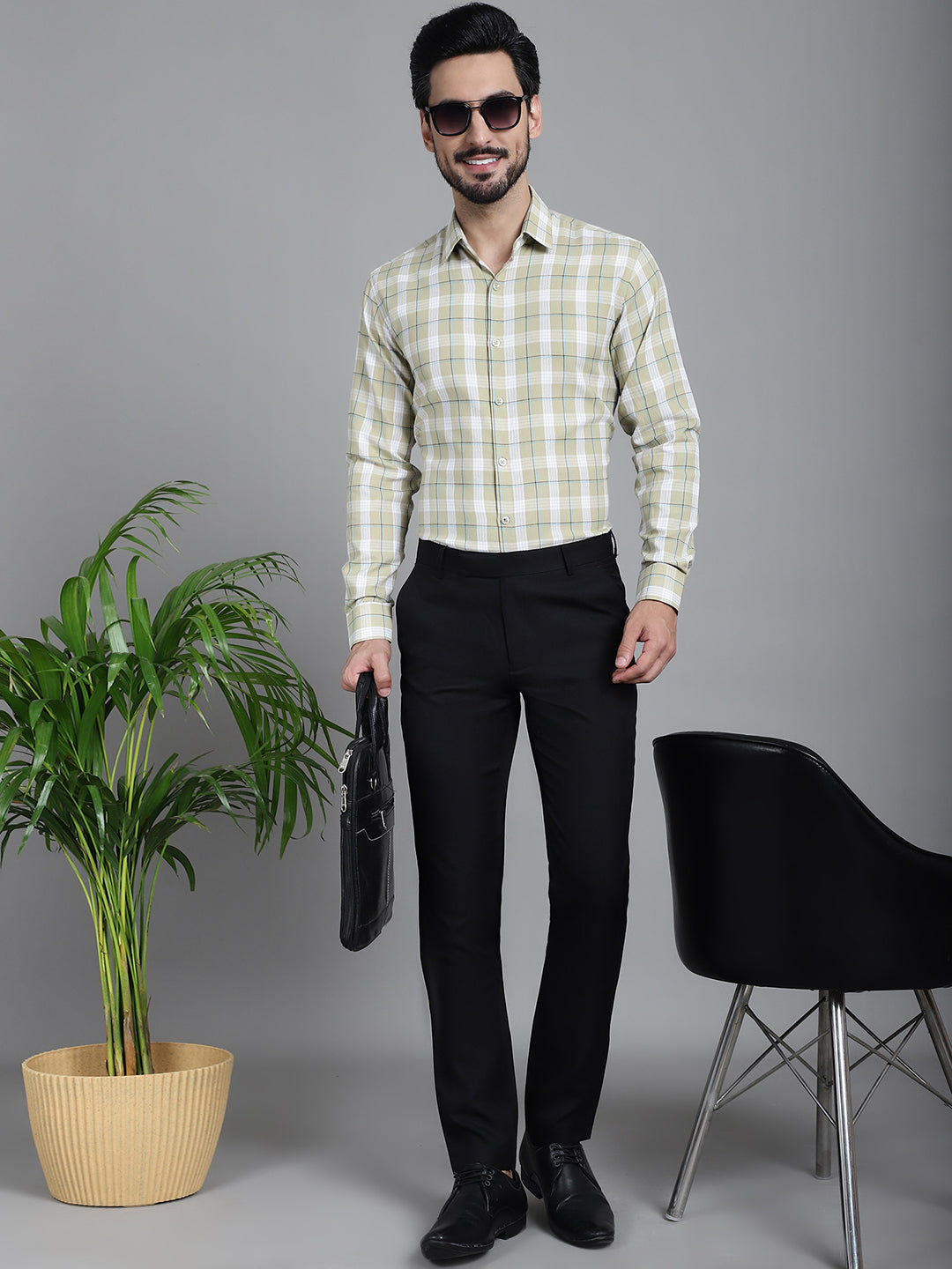 Indian Needle Men's Checked Formal Shirt - Beige | Grocsy
