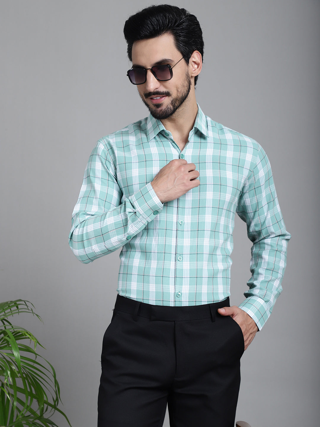 Indian Needle Men's Checked Formal Shirt - Green | Grocsy