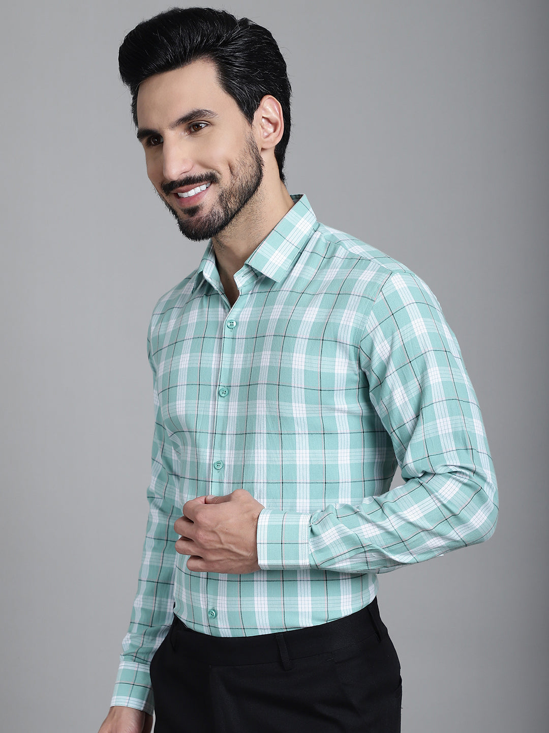 Indian Needle Men's Checked Formal Shirt - Green | Grocsy