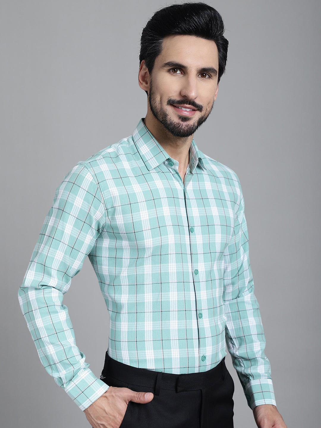 Indian Needle Men's Checked Formal Shirt - Green | Grocsy