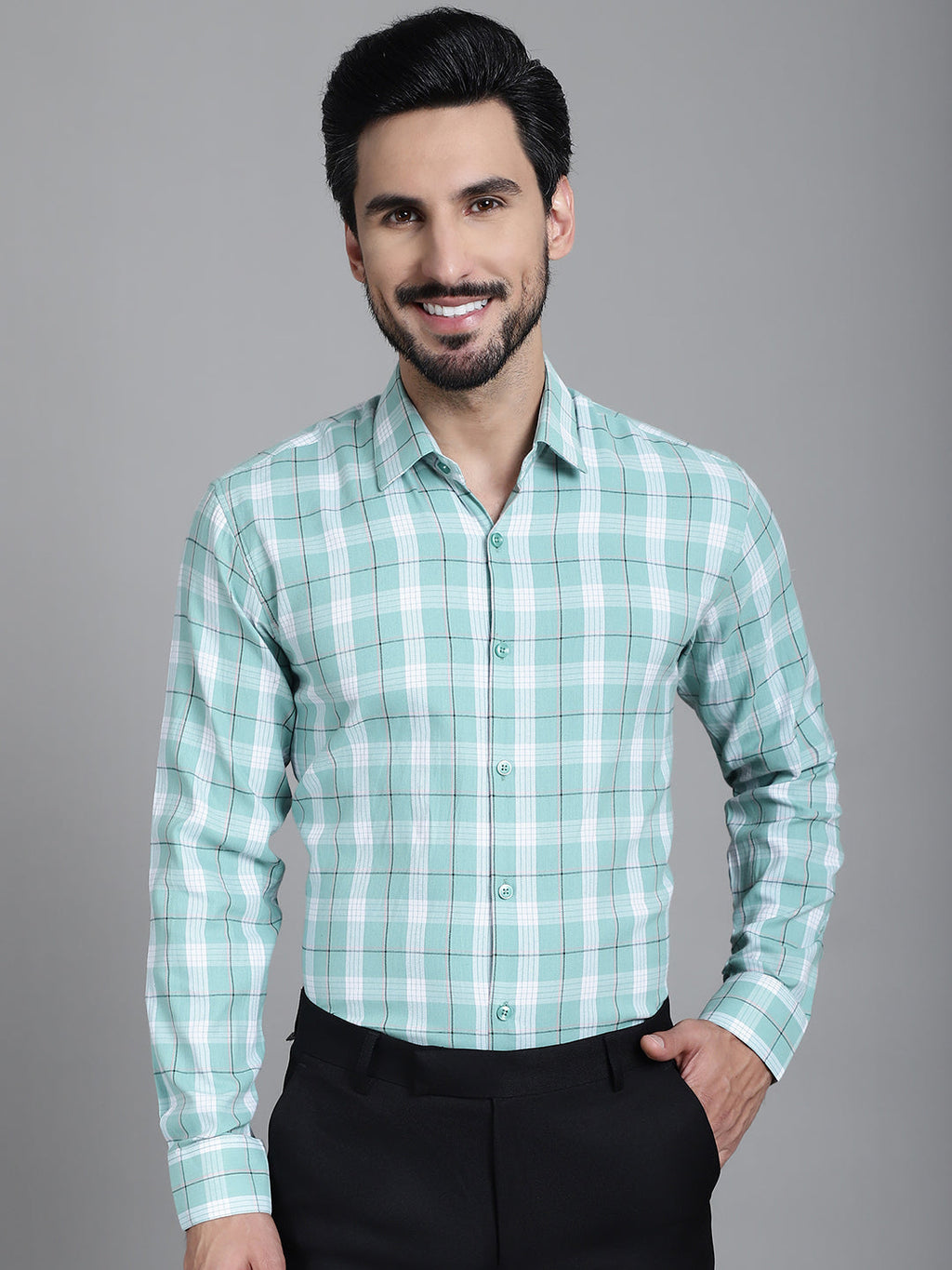 Indian Needle Men's Checked Formal Shirt - Green | Grocsy