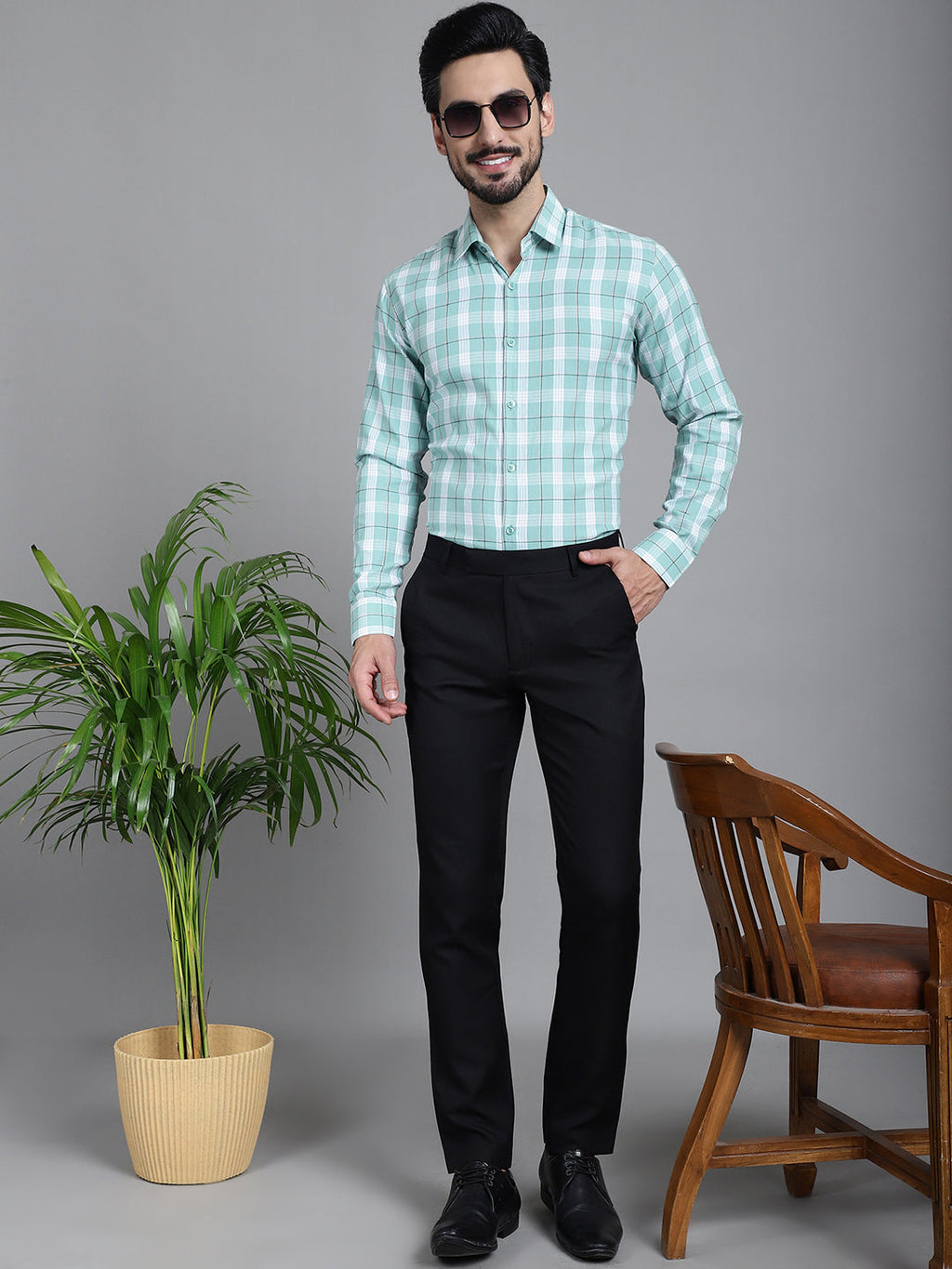 Indian Needle Men's Checked Formal Shirt - Green | Grocsy