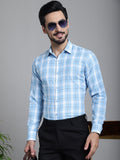 Indian Needle Men's Checked Formal Shirt - Sky Blue | Grocsy