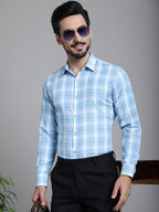 Indian Needle Men's Checked Formal Shirt - Sky Blue | Grocsy