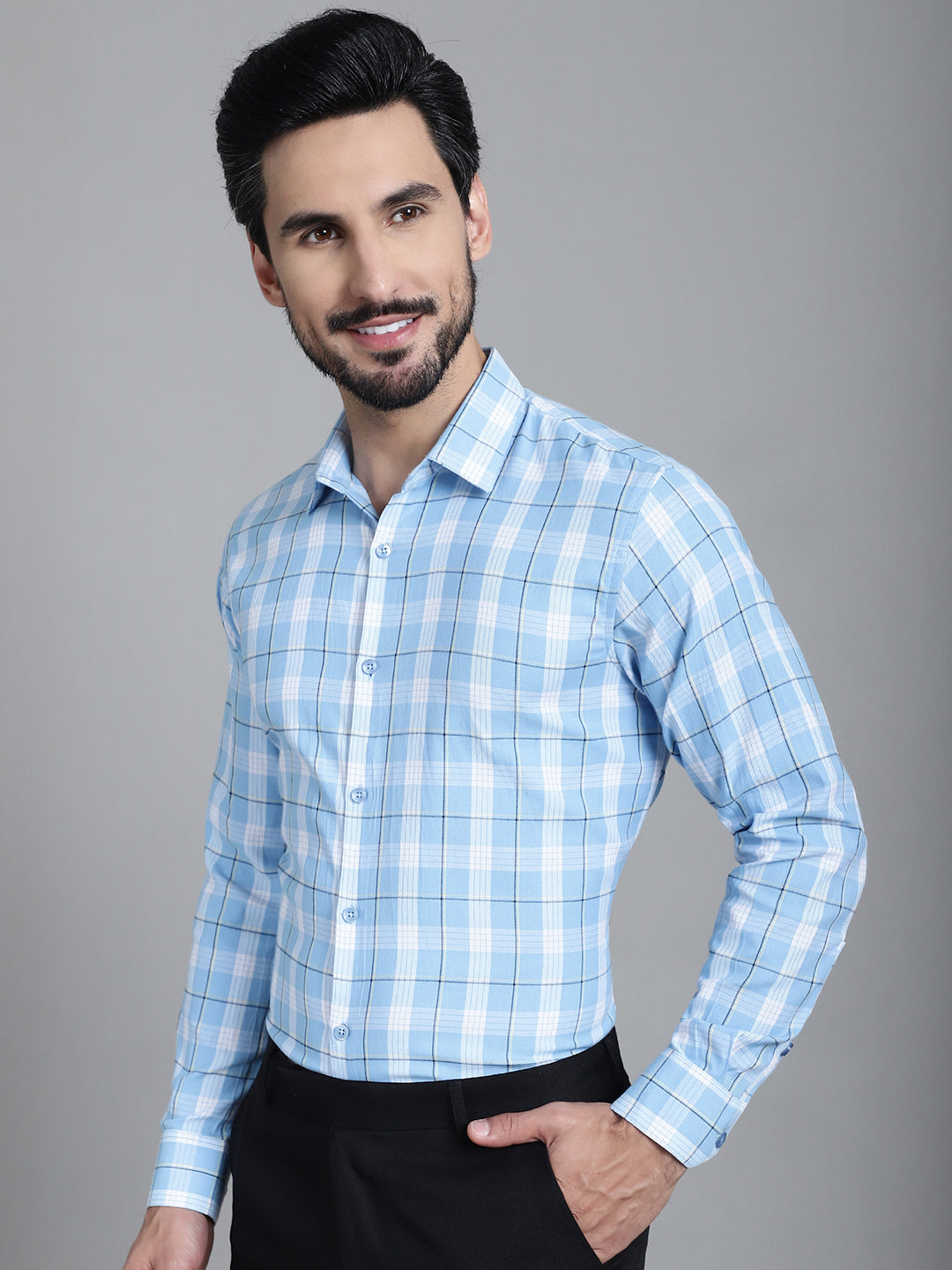 Indian Needle Men's Checked Formal Shirt - Sky Blue | Grocsy