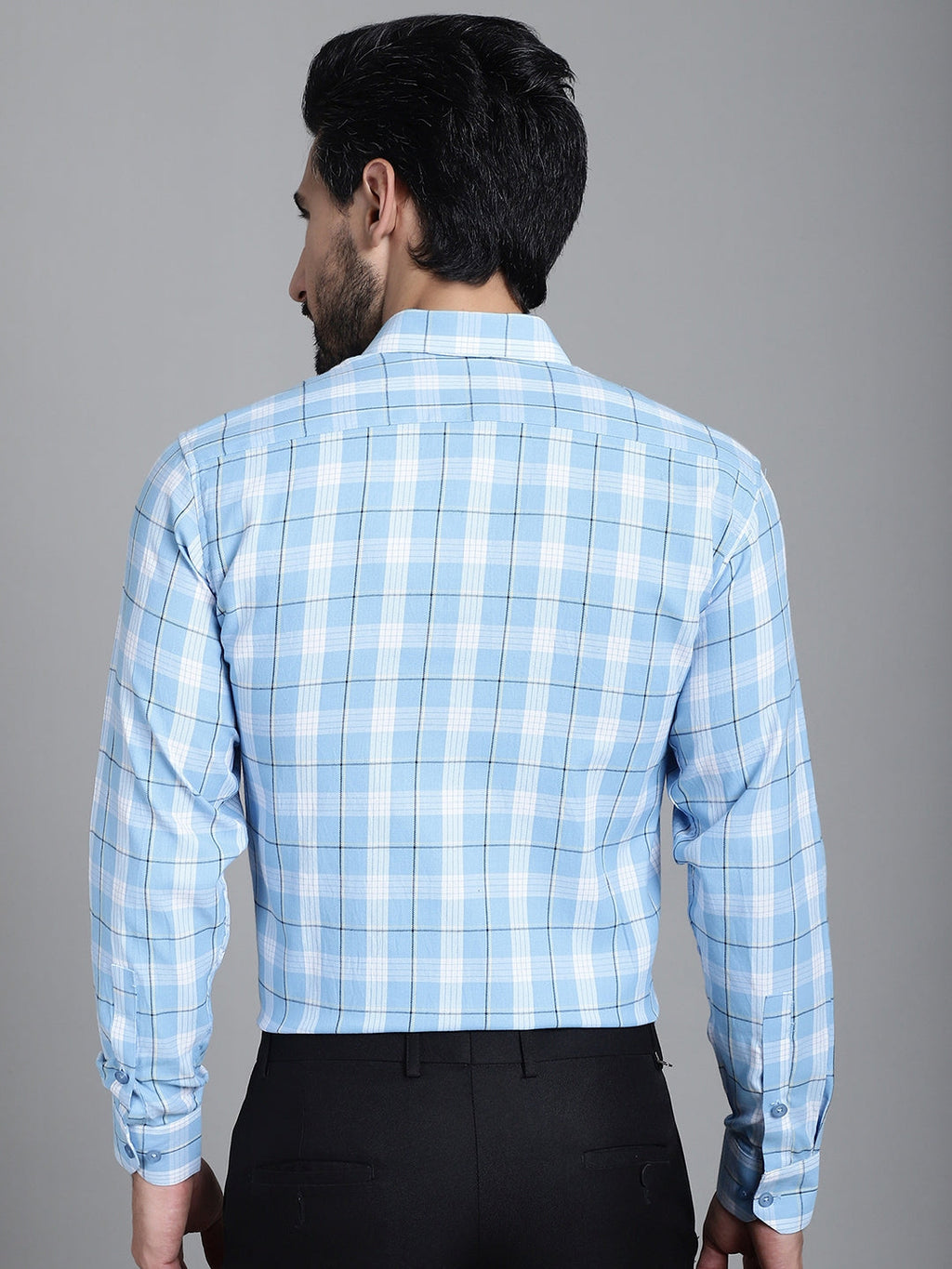 Indian Needle Men's Checked Formal Shirt - Sky Blue | Grocsy