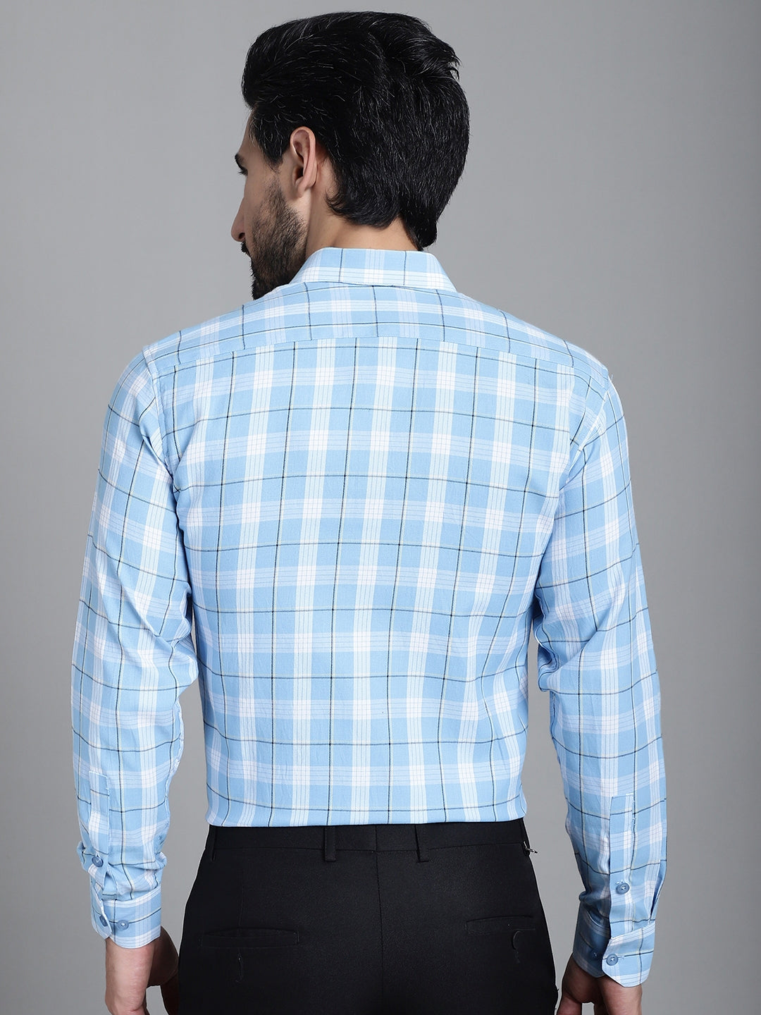 Indian Needle Men's Checked Formal Shirt - Sky Blue | Grocsy