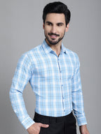 Indian Needle Men's Checked Formal Shirt - Sky Blue | Grocsy