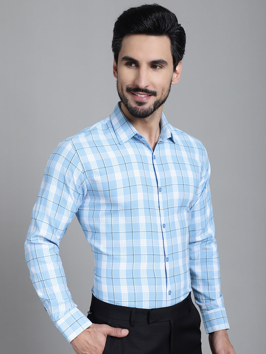 Indian Needle Men's Checked Formal Shirt - Sky Blue | Grocsy