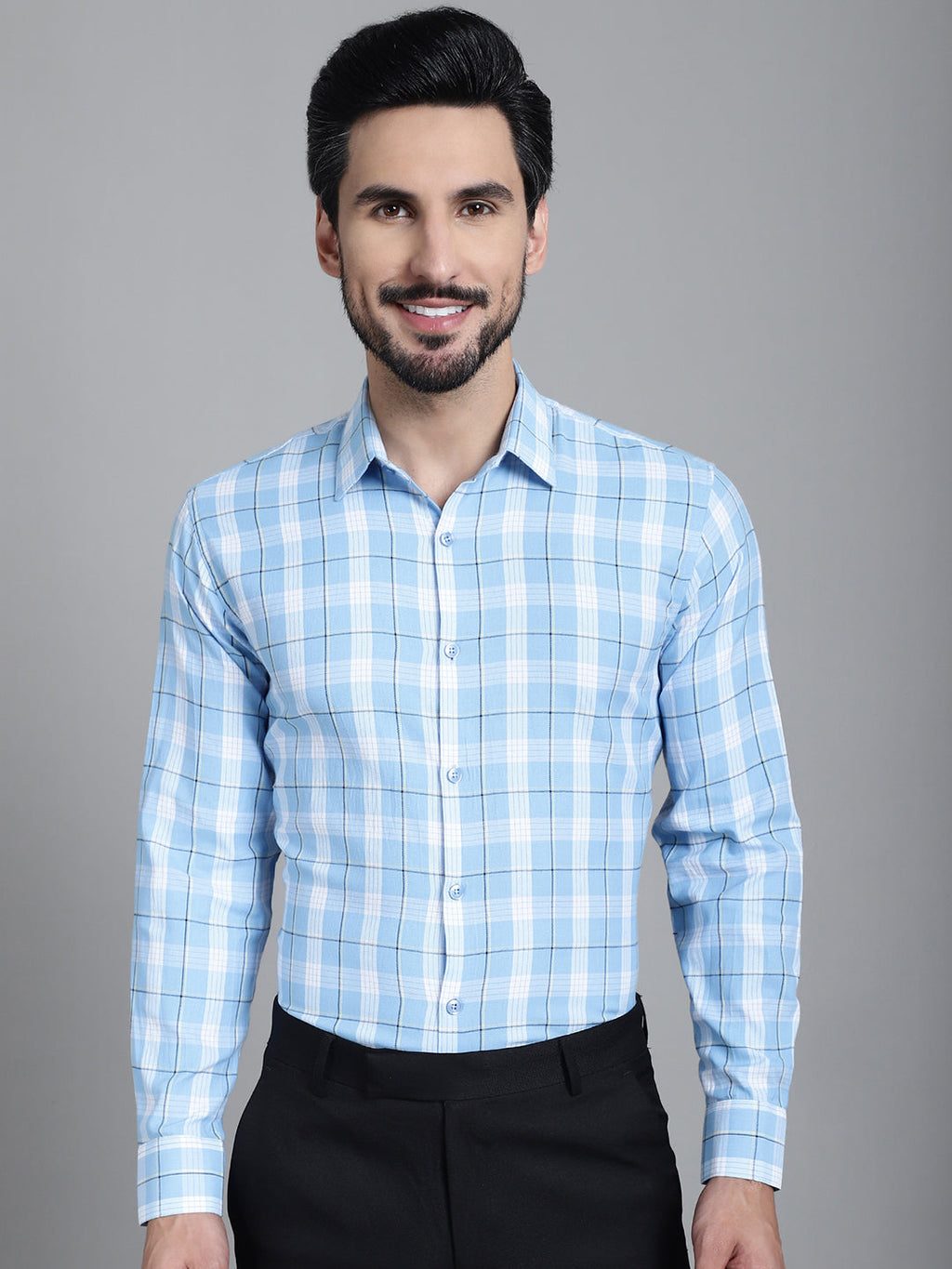 Indian Needle Men's Checked Formal Shirt - Sky Blue | Grocsy