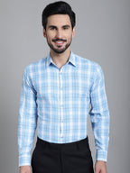 Indian Needle Men's Checked Formal Shirt - Sky Blue | Grocsy