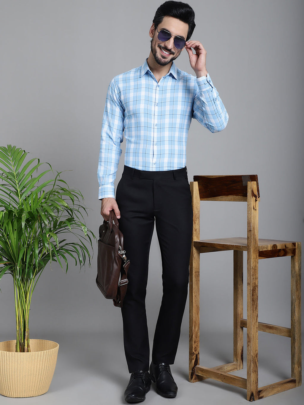 Indian Needle Men's Checked Formal Shirt - Sky Blue | Grocsy