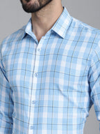 Indian Needle Men's Checked Formal Shirt - Sky Blue | Grocsy