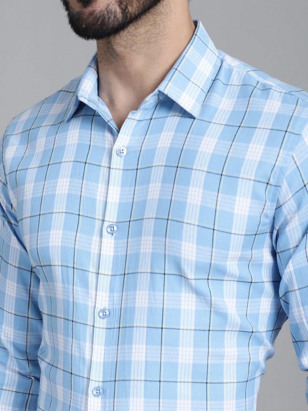 Indian Needle Men's Checked Formal Shirt - Sky Blue | Grocsy