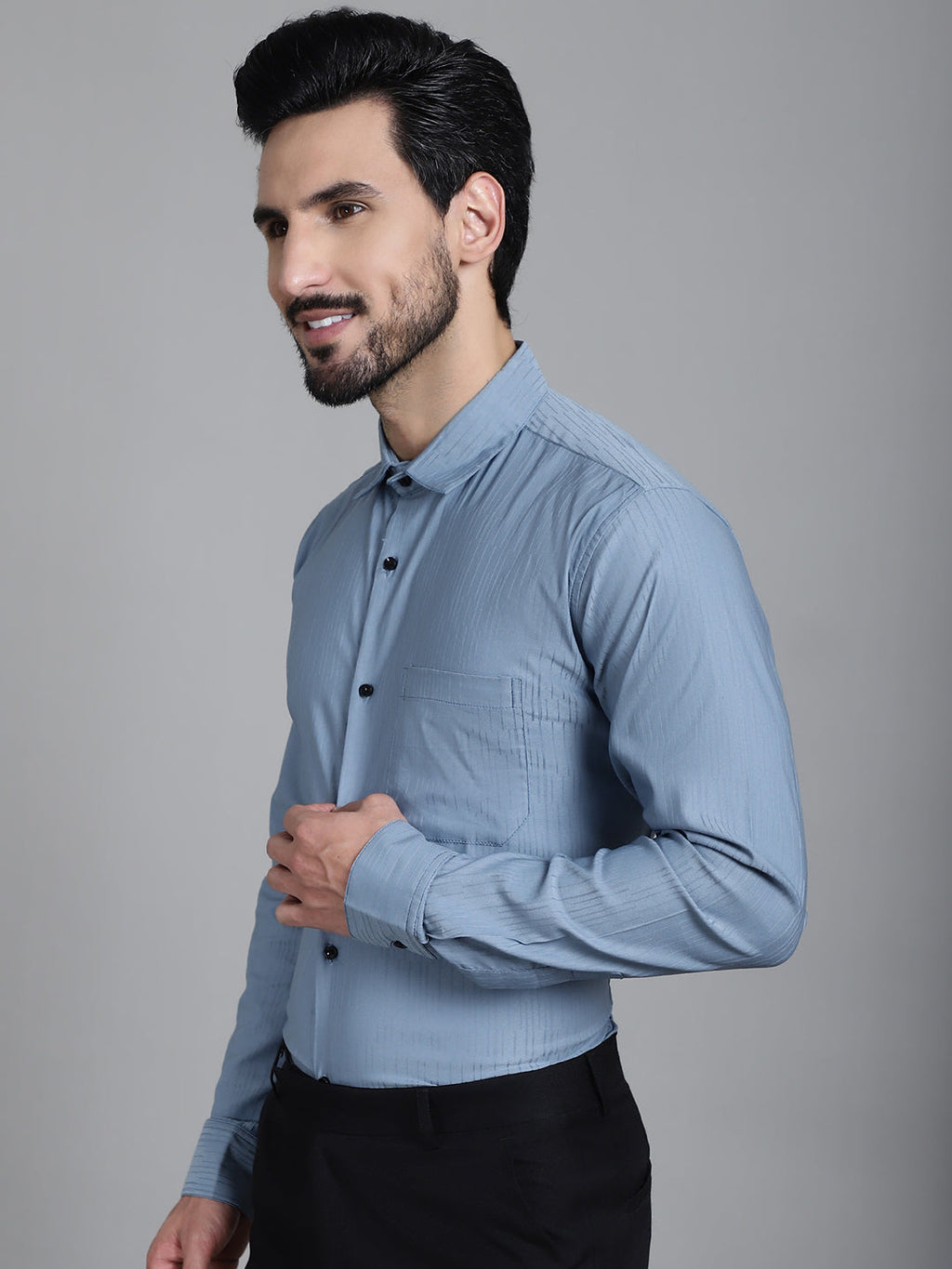Indian Needle Men's Woven Design Formal Shirt - Grey | Grocsy