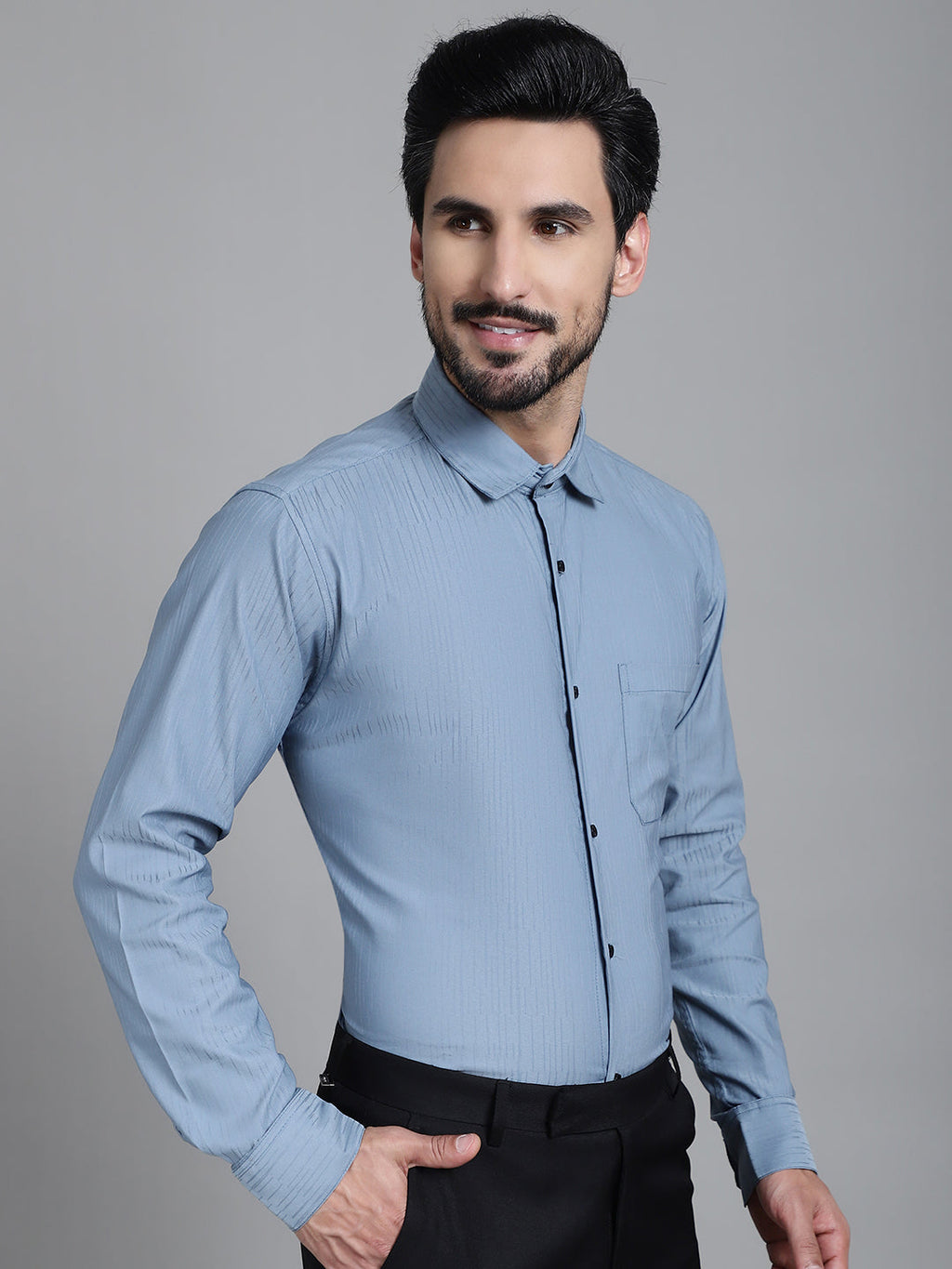 Indian Needle Men's Woven Design Formal Shirt - Grey | Grocsy