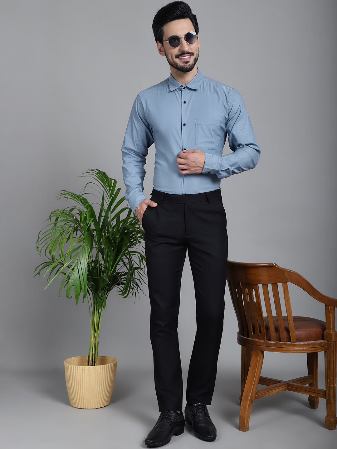 Indian Needle Men's Woven Design Formal Shirt - Grey | Grocsy