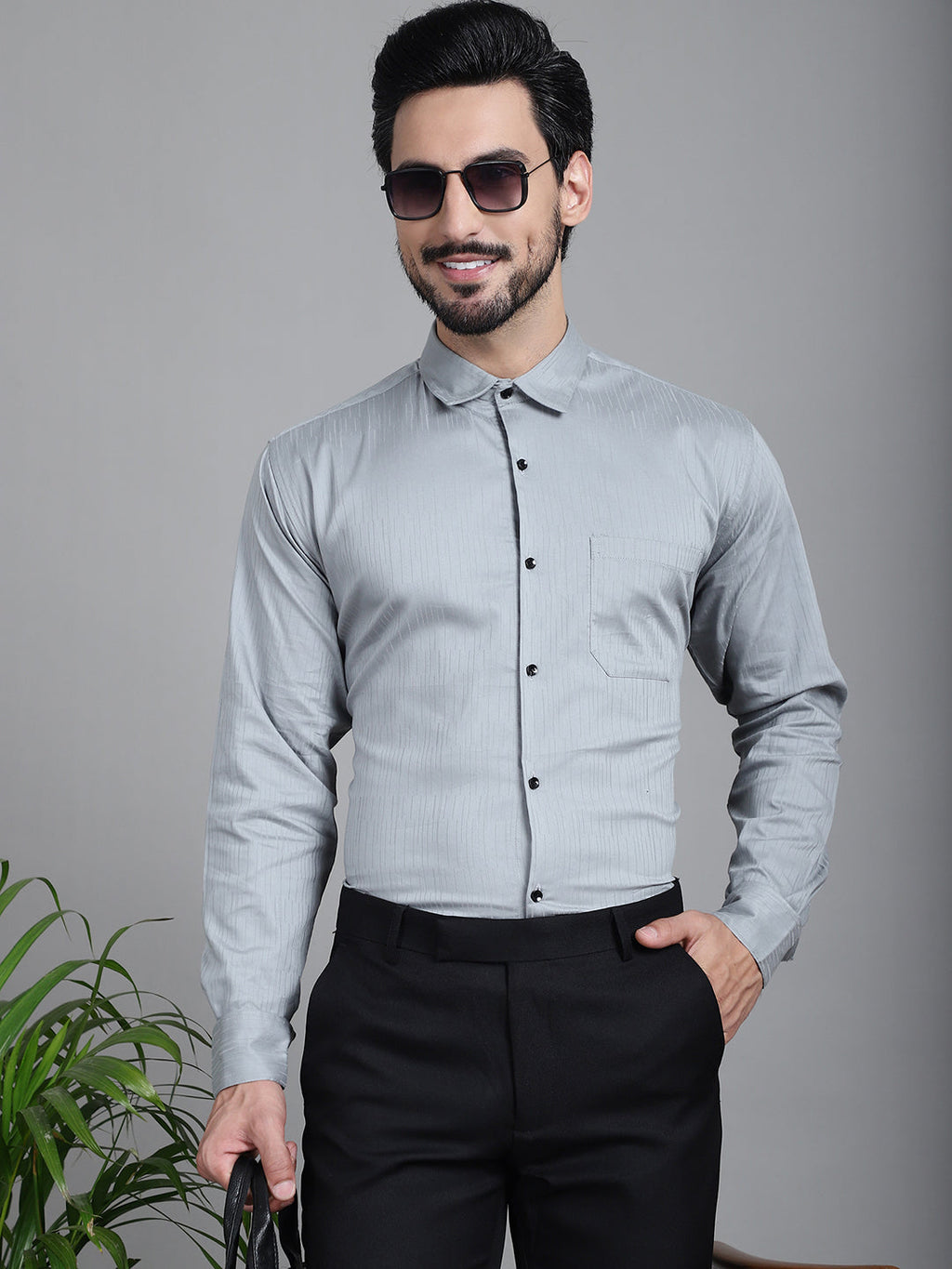 Indian Needle Men's Woven Design Formal Shirt - Steel-Grey | Grocsy