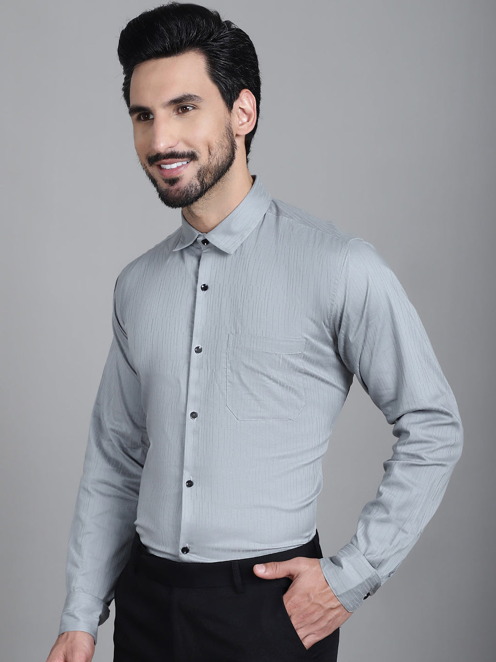 Indian Needle Men's Woven Design Formal Shirt - Steel-Grey | Grocsy