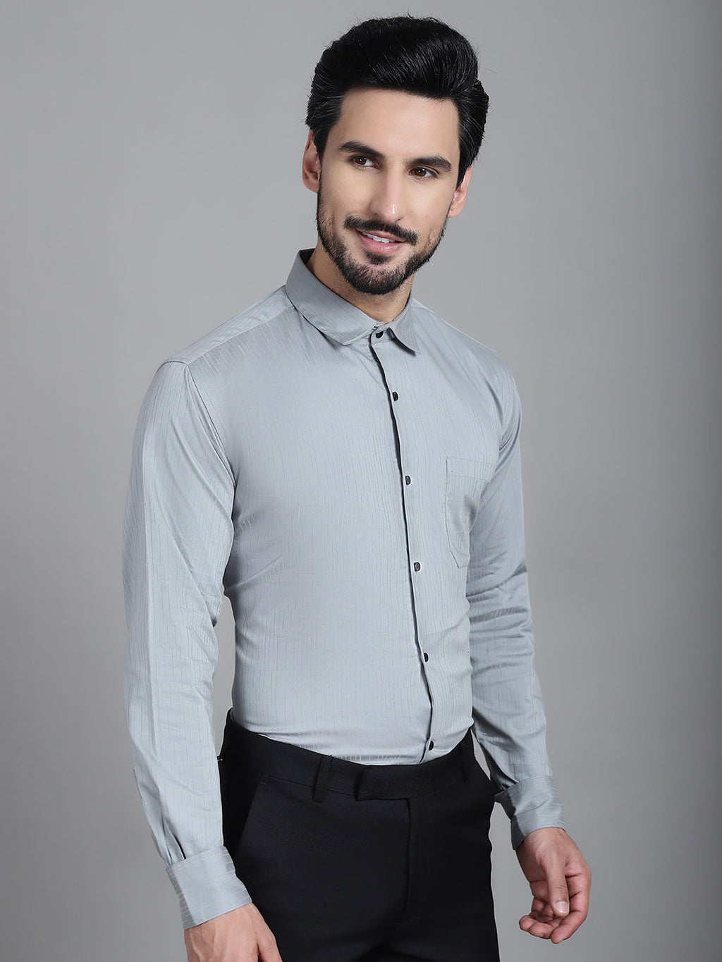 Indian Needle Men's Woven Design Formal Shirt - Steel-Grey | Grocsy
