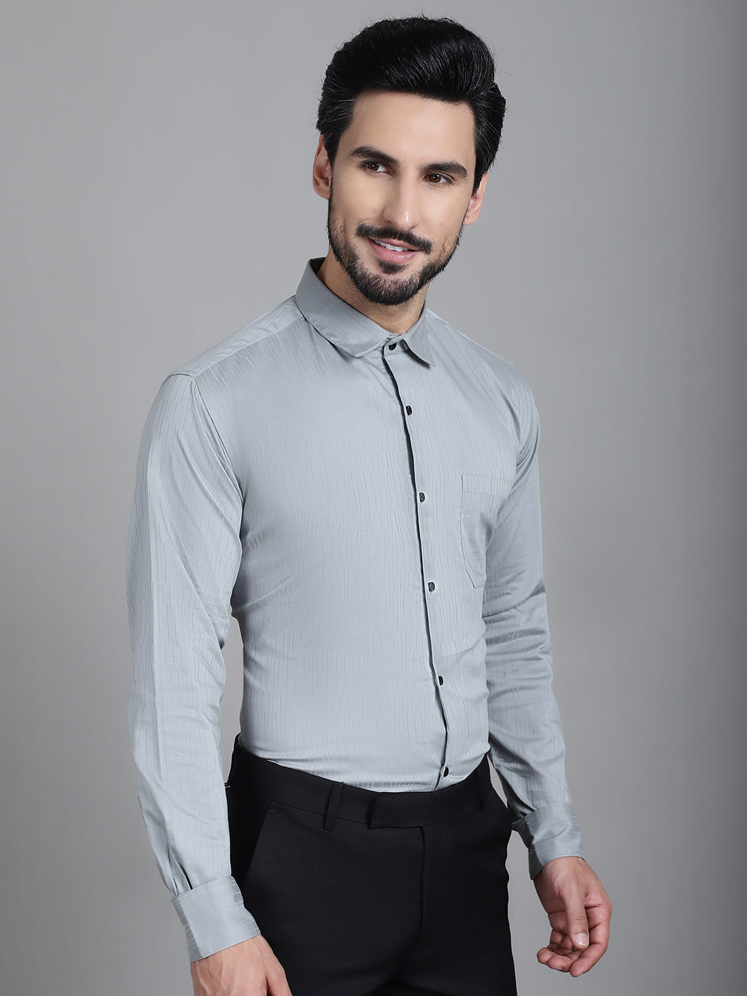 Indian Needle Men's Woven Design Formal Shirt - Steel-Grey | Grocsy