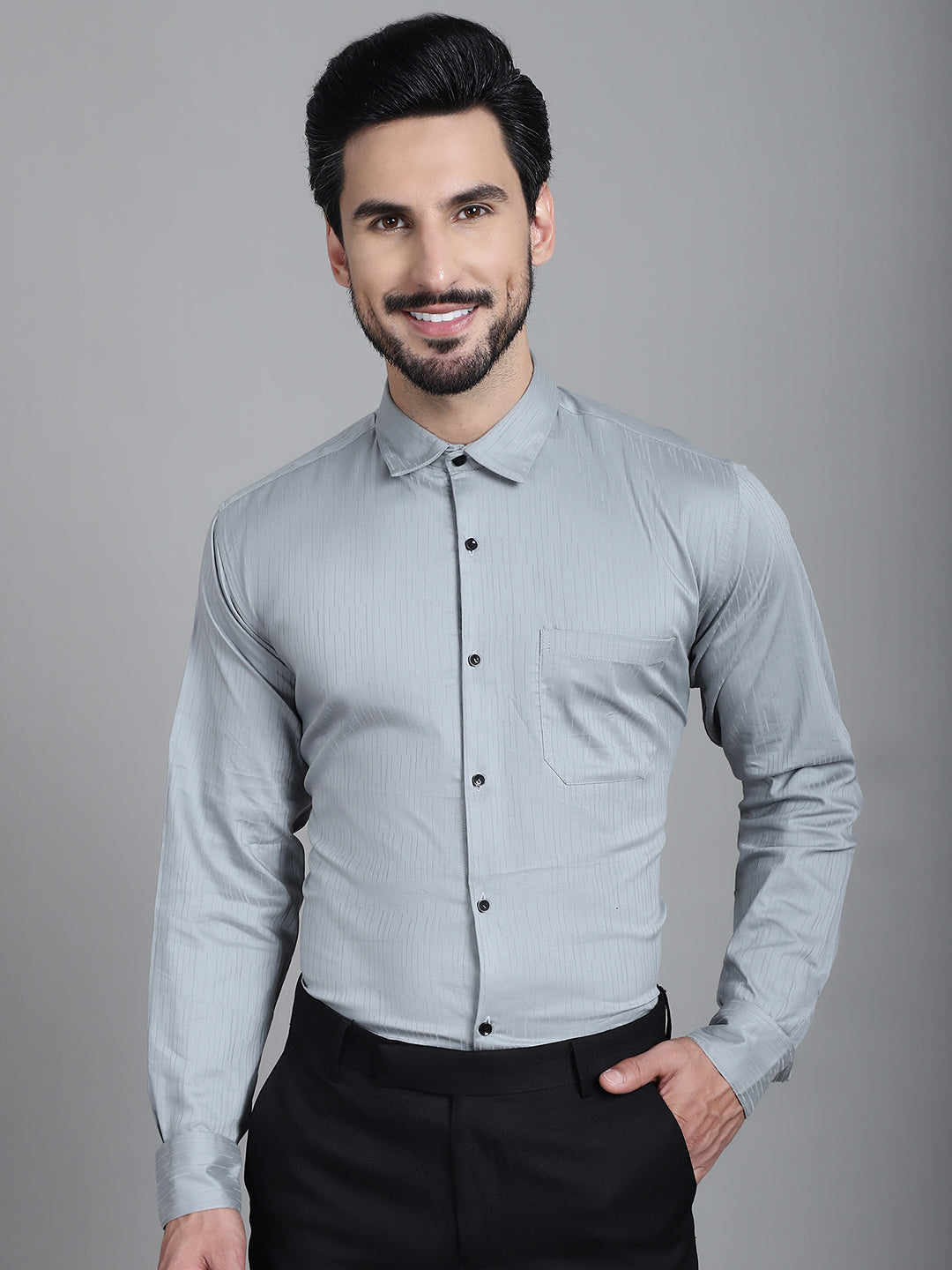 Indian Needle Men's Woven Design Formal Shirt - Steel-Grey | Grocsy