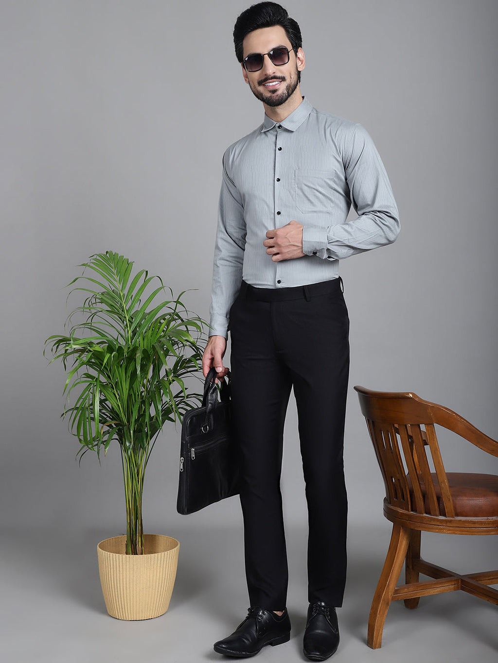 Indian Needle Men's Woven Design Formal Shirt - Steel-Grey | Grocsy