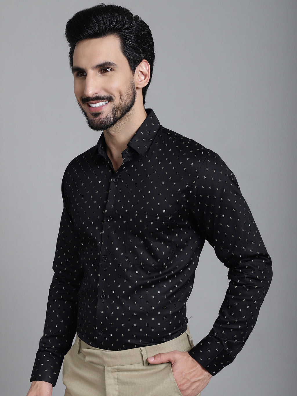 Indian Needle Men's Printed Formal Shirt - Black | Grocsy