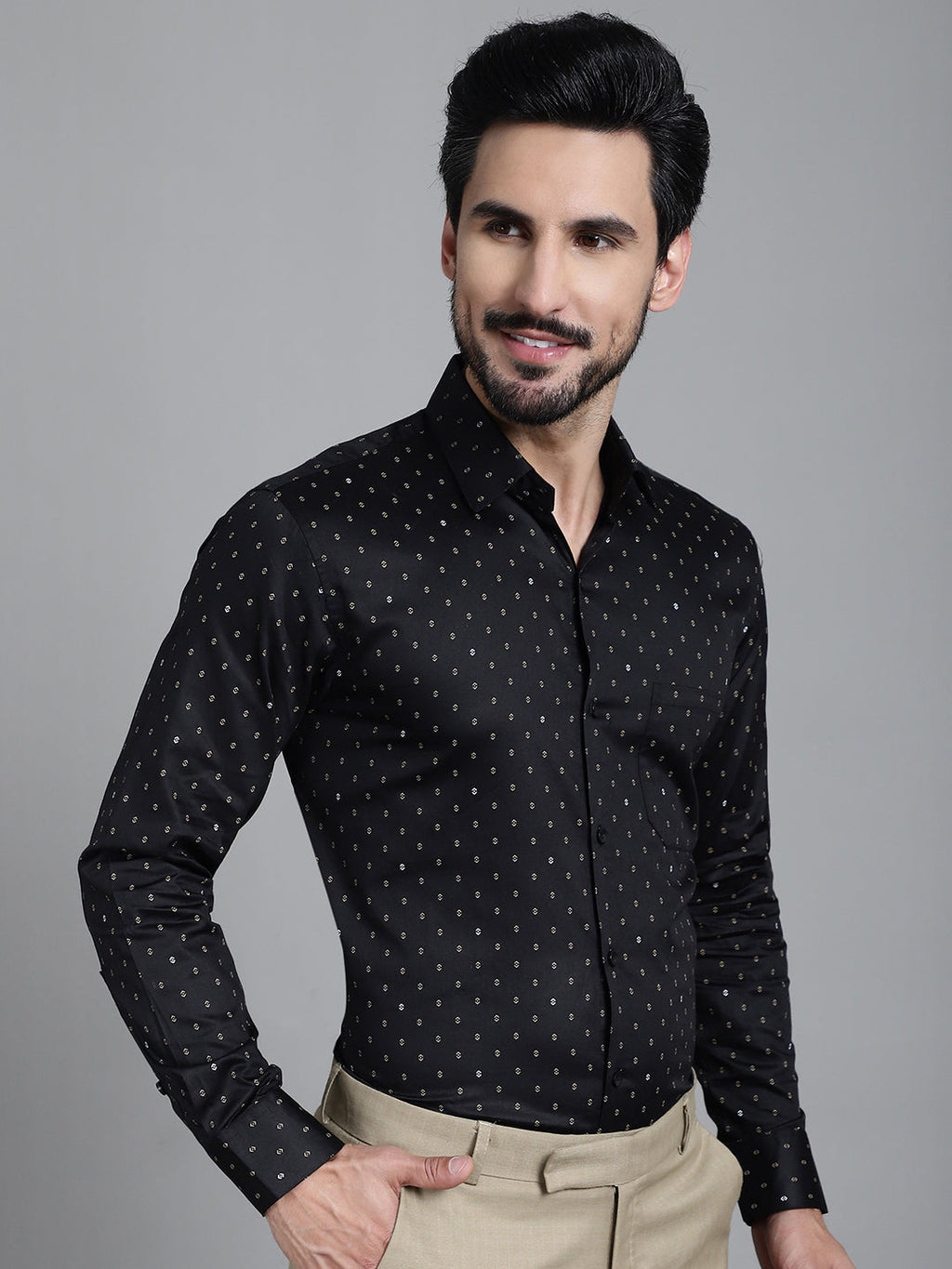 Indian Needle Men's Printed Formal Shirt - Black | Grocsy