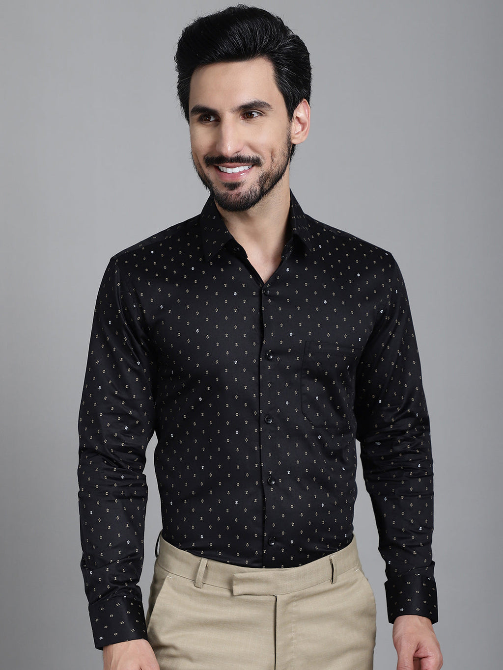 Indian Needle Men's Printed Formal Shirt - Black | Grocsy