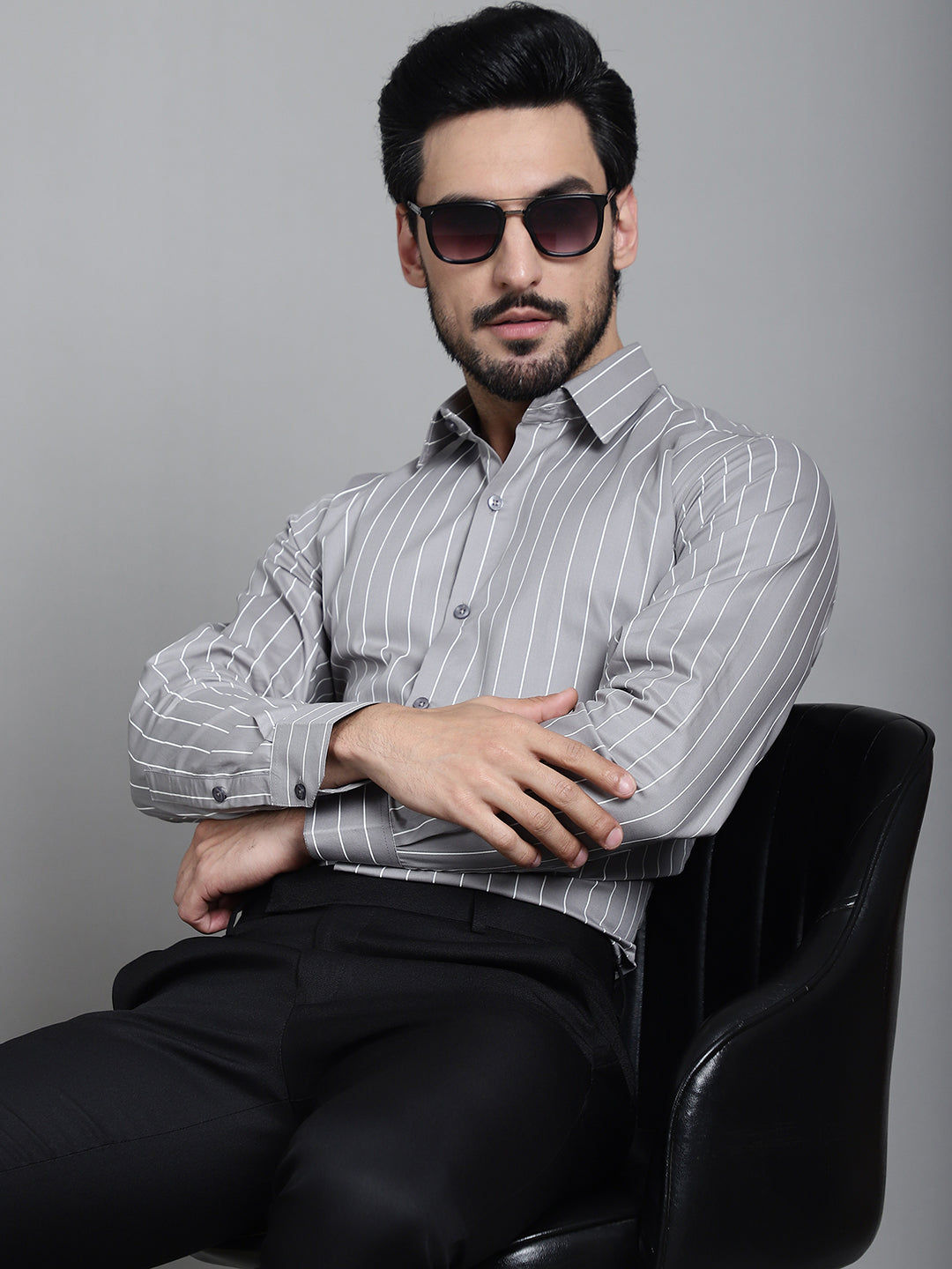 Indian Needle Men's Striped Formal Shirt - Grey | Grocsy