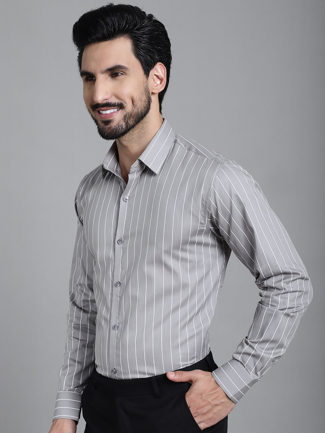 Indian Needle Men's Striped Formal Shirt - Grey | Grocsy