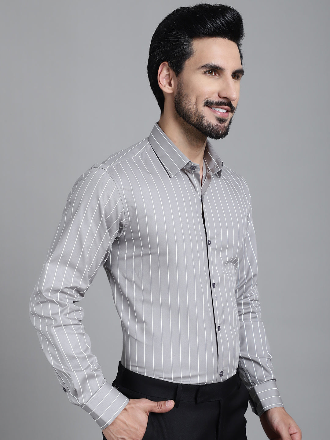 Indian Needle Men's Striped Formal Shirt - Grey | Grocsy