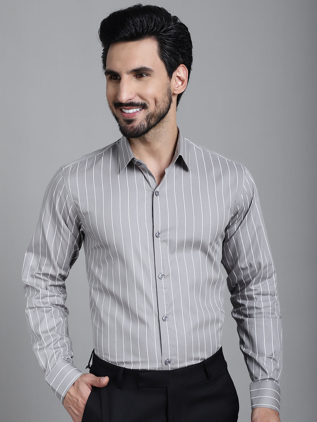 Indian Needle Men's Striped Formal Shirt - Grey | Grocsy