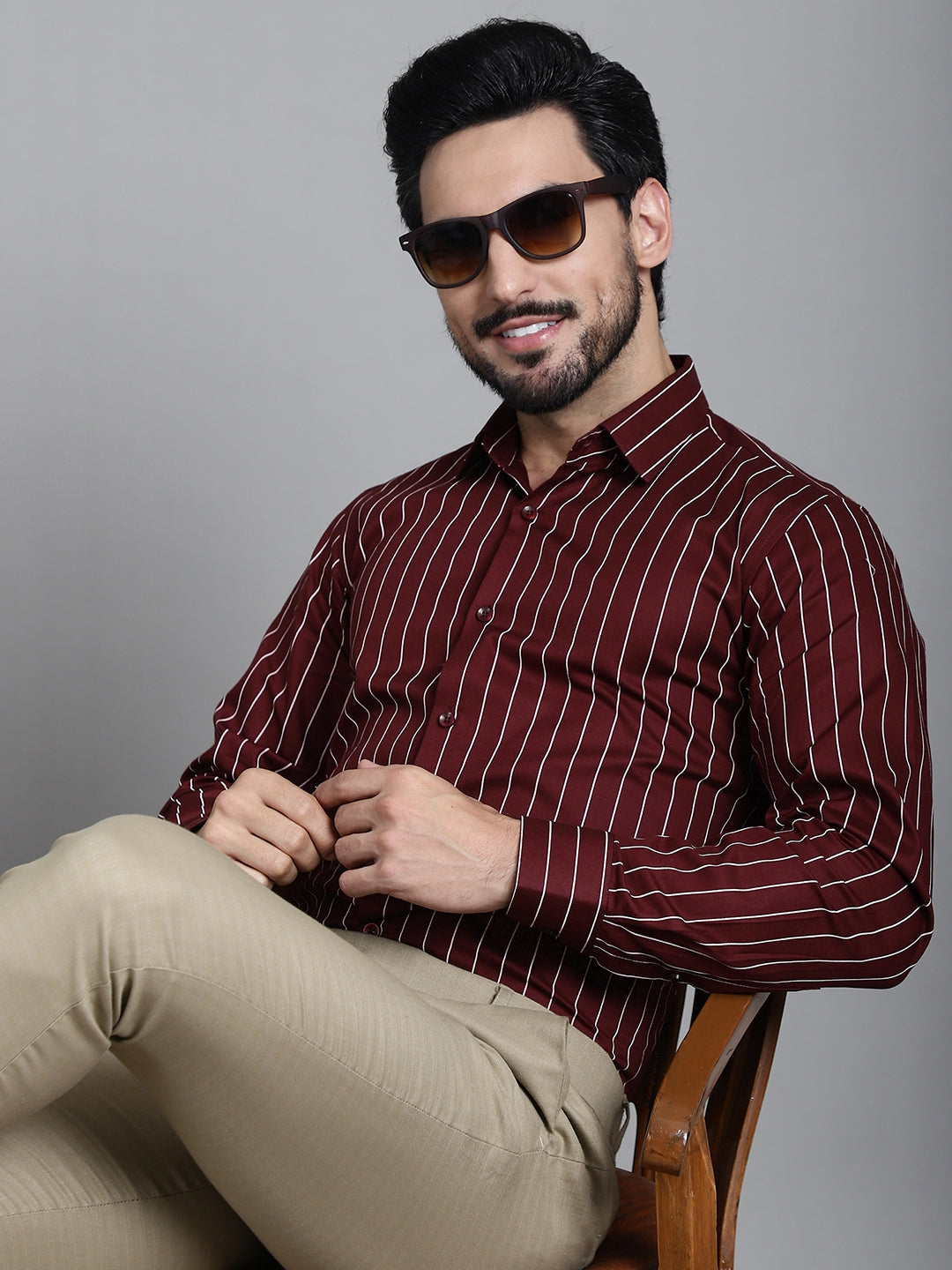 Indian Needle Men's Striped Formal Shirt - Maroon | Grocsy