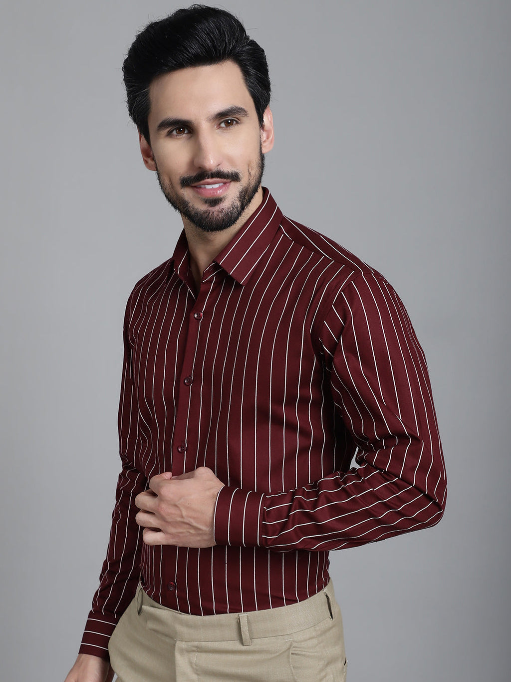 Indian Needle Men's Striped Formal Shirt - Maroon | Grocsy