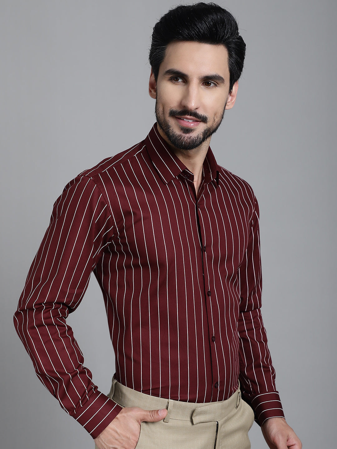 Indian Needle Men's Striped Formal Shirt - Maroon | Grocsy