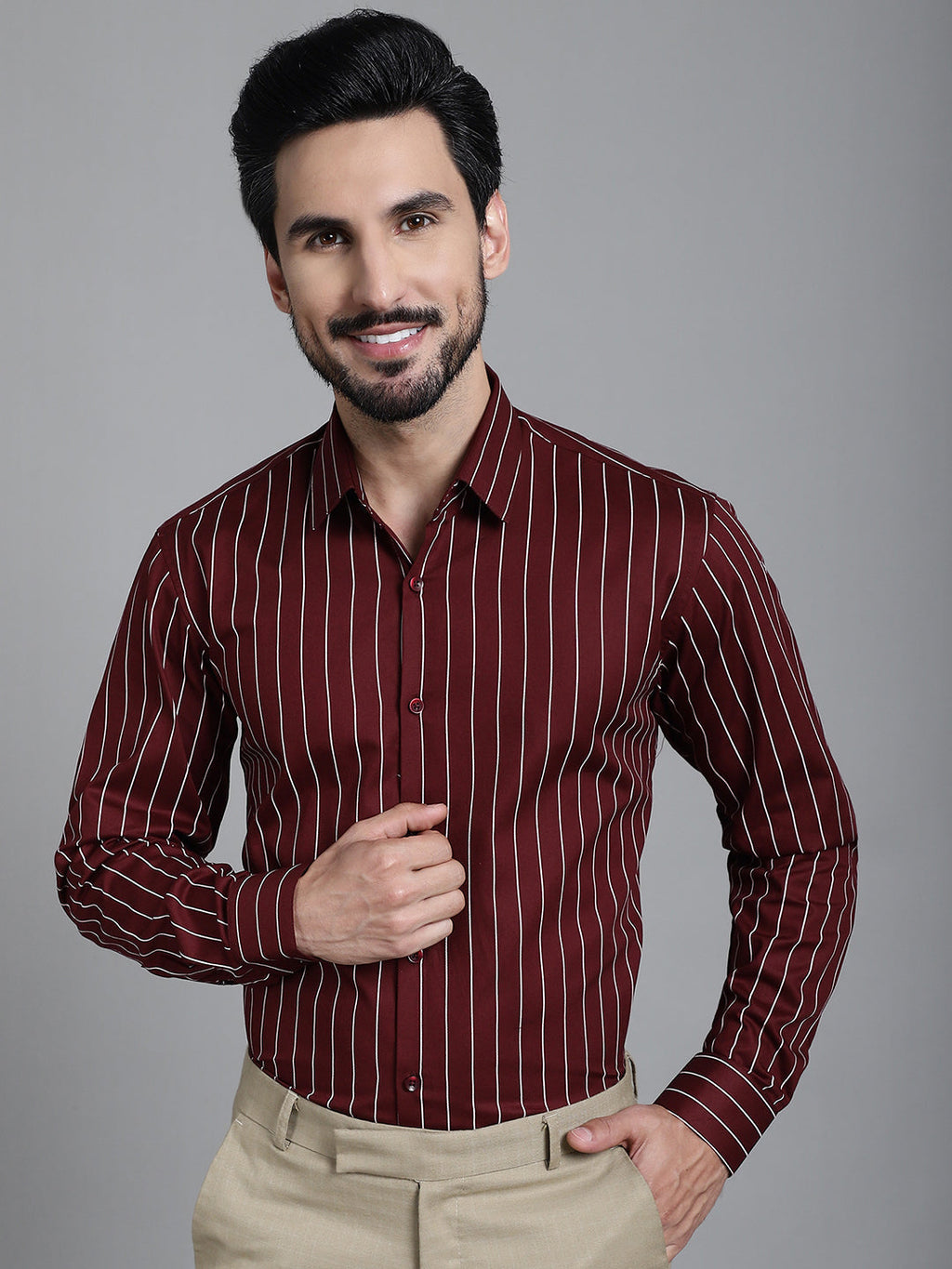 Indian Needle Men's Striped Formal Shirt - Maroon | Grocsy