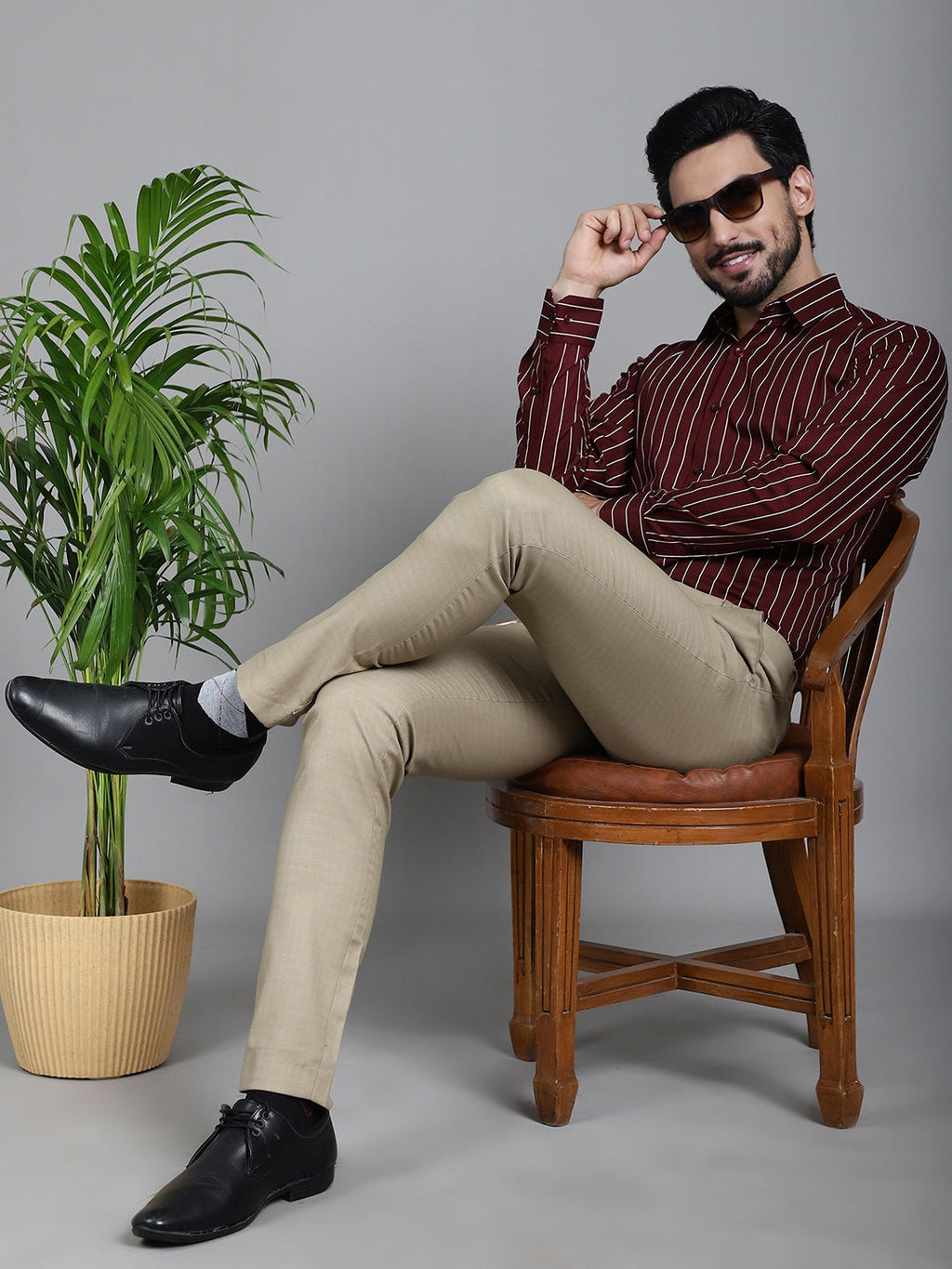 Indian Needle Men's Striped Formal Shirt - Maroon | Grocsy