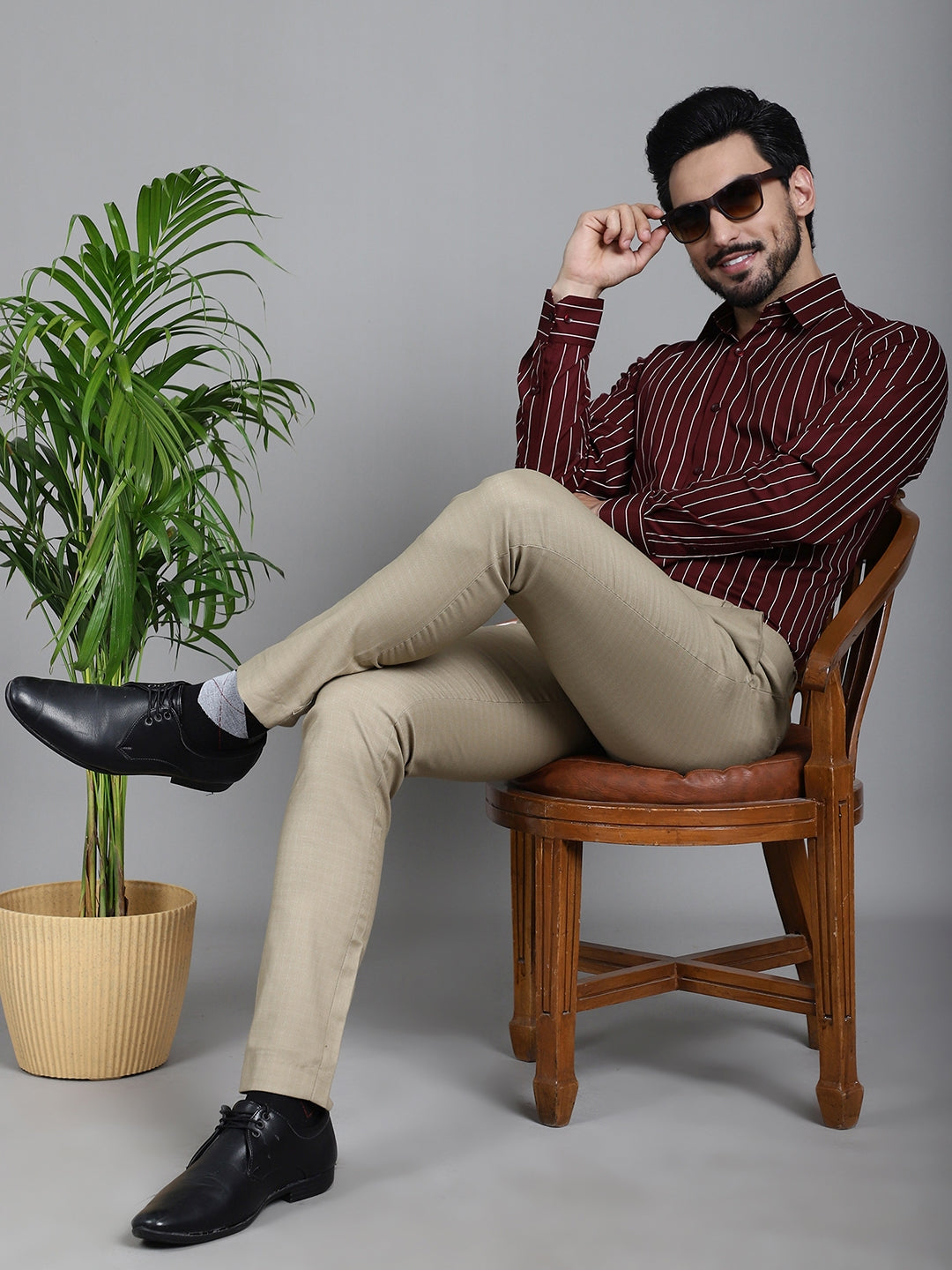 Indian Needle Men's Striped Formal Shirt - Maroon | Grocsy