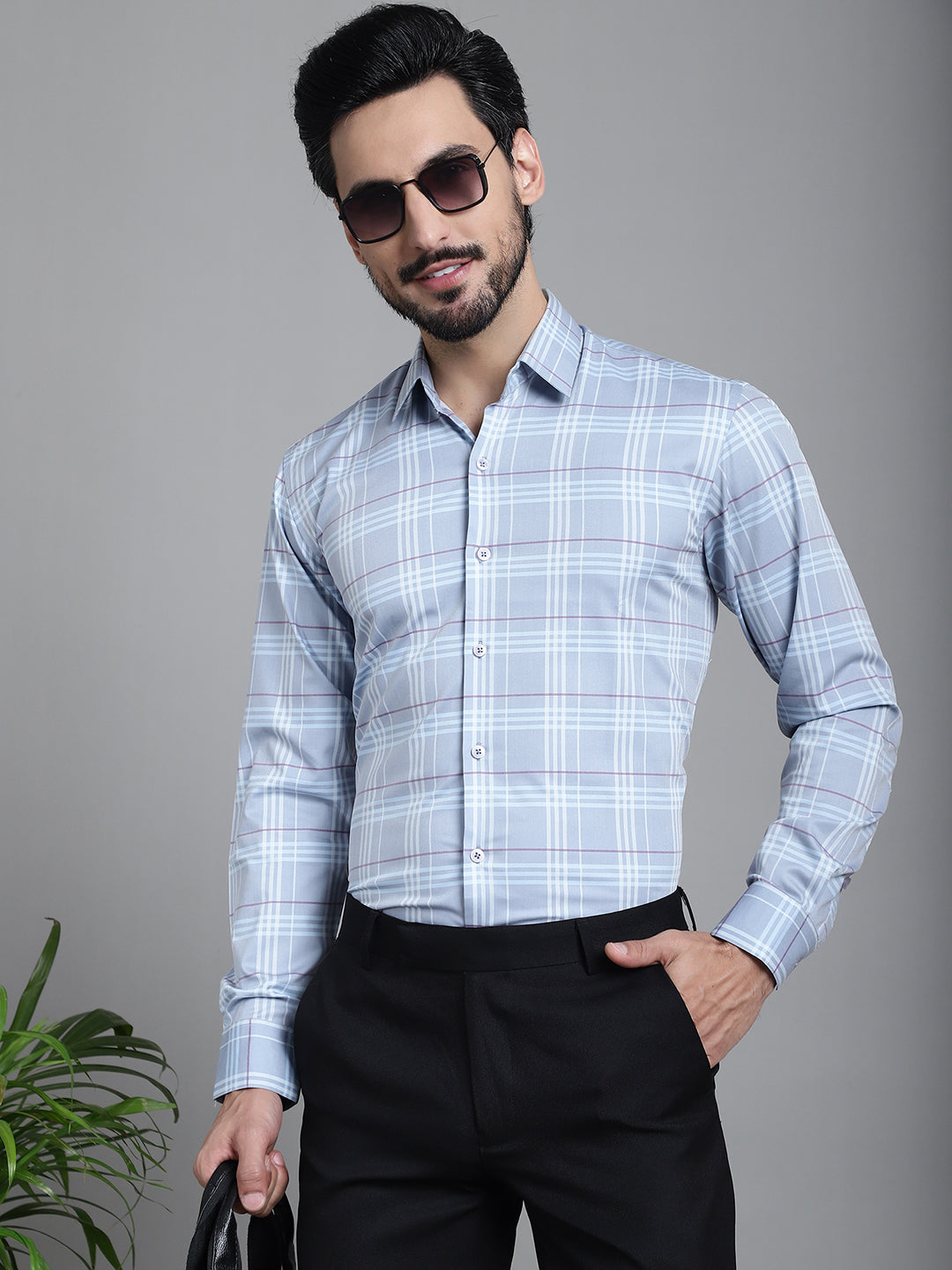 Indian Needle Men's Checked Formal Shirt - Blue | Grocsy