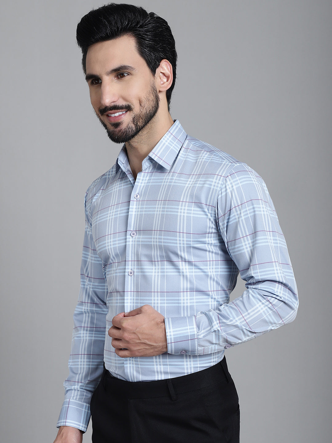 Indian Needle Men's Checked Formal Shirt - Blue | Grocsy
