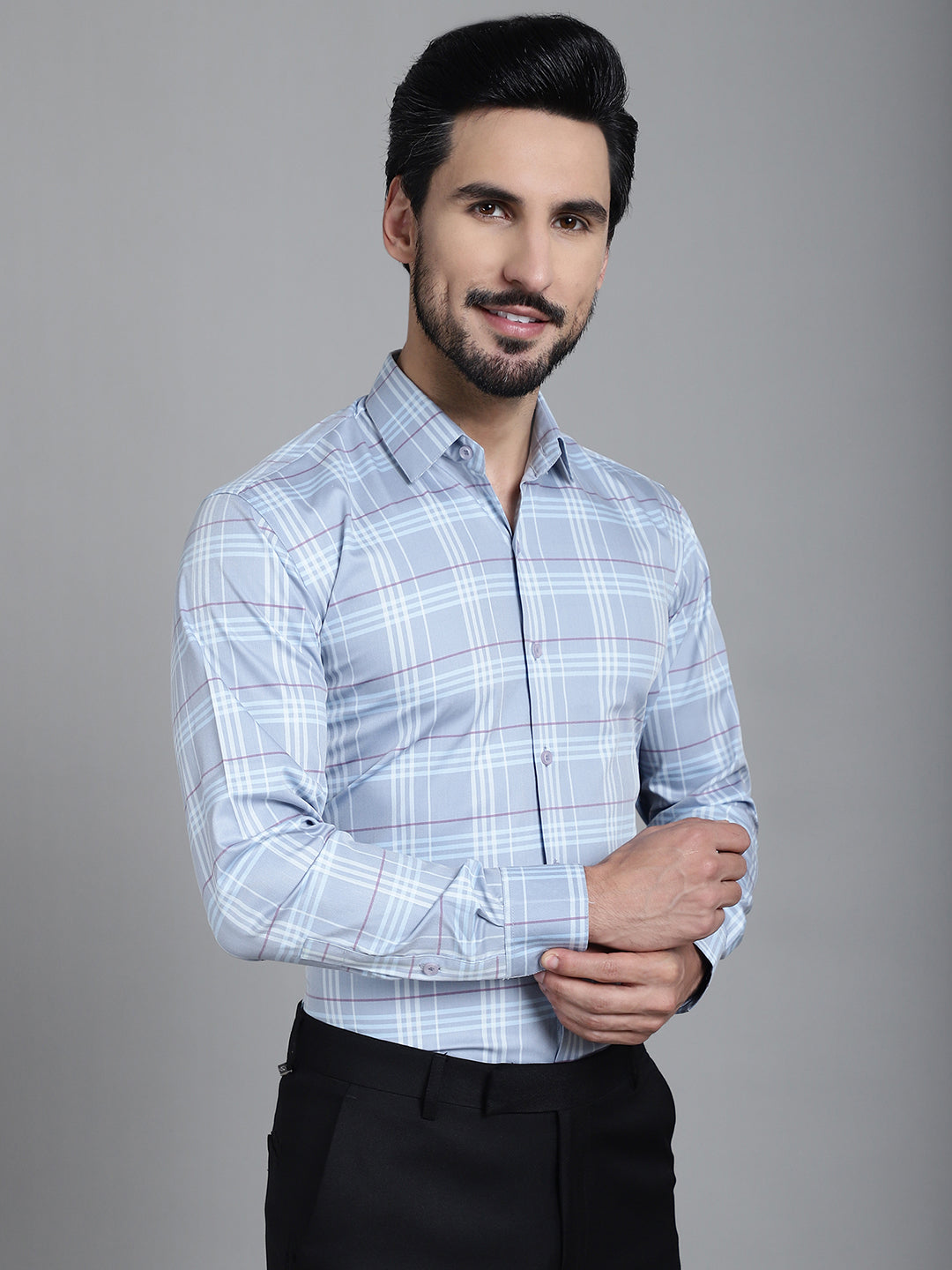 Indian Needle Men's Checked Formal Shirt - Blue | Grocsy