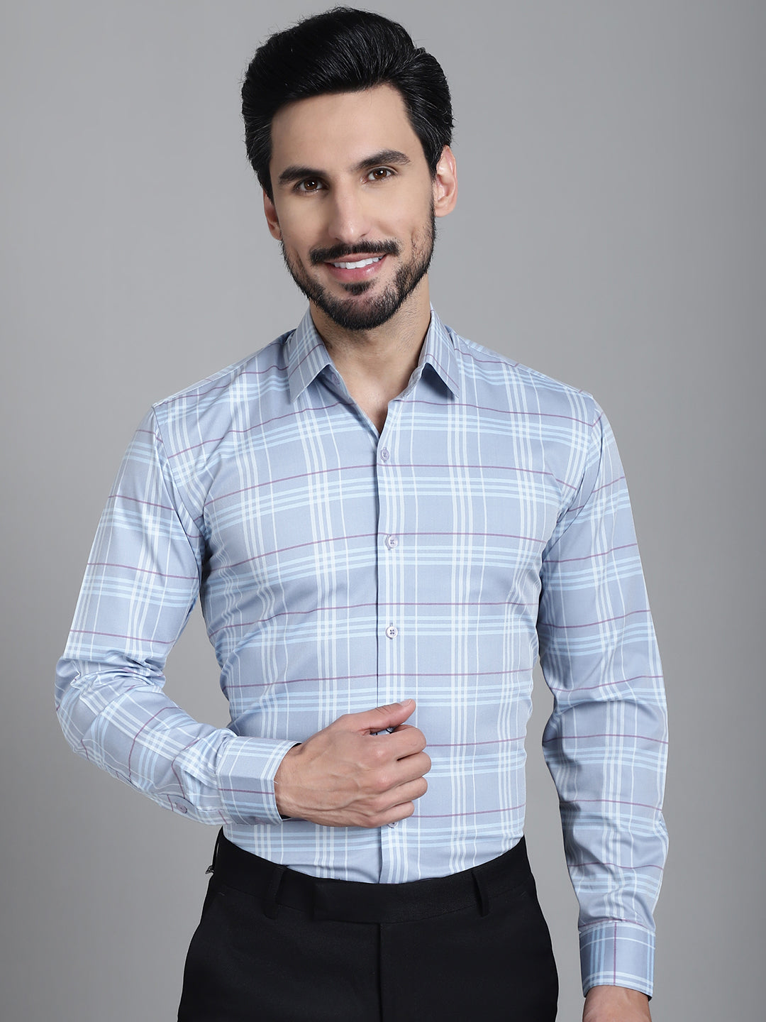 Indian Needle Men's Checked Formal Shirt - Blue | Grocsy